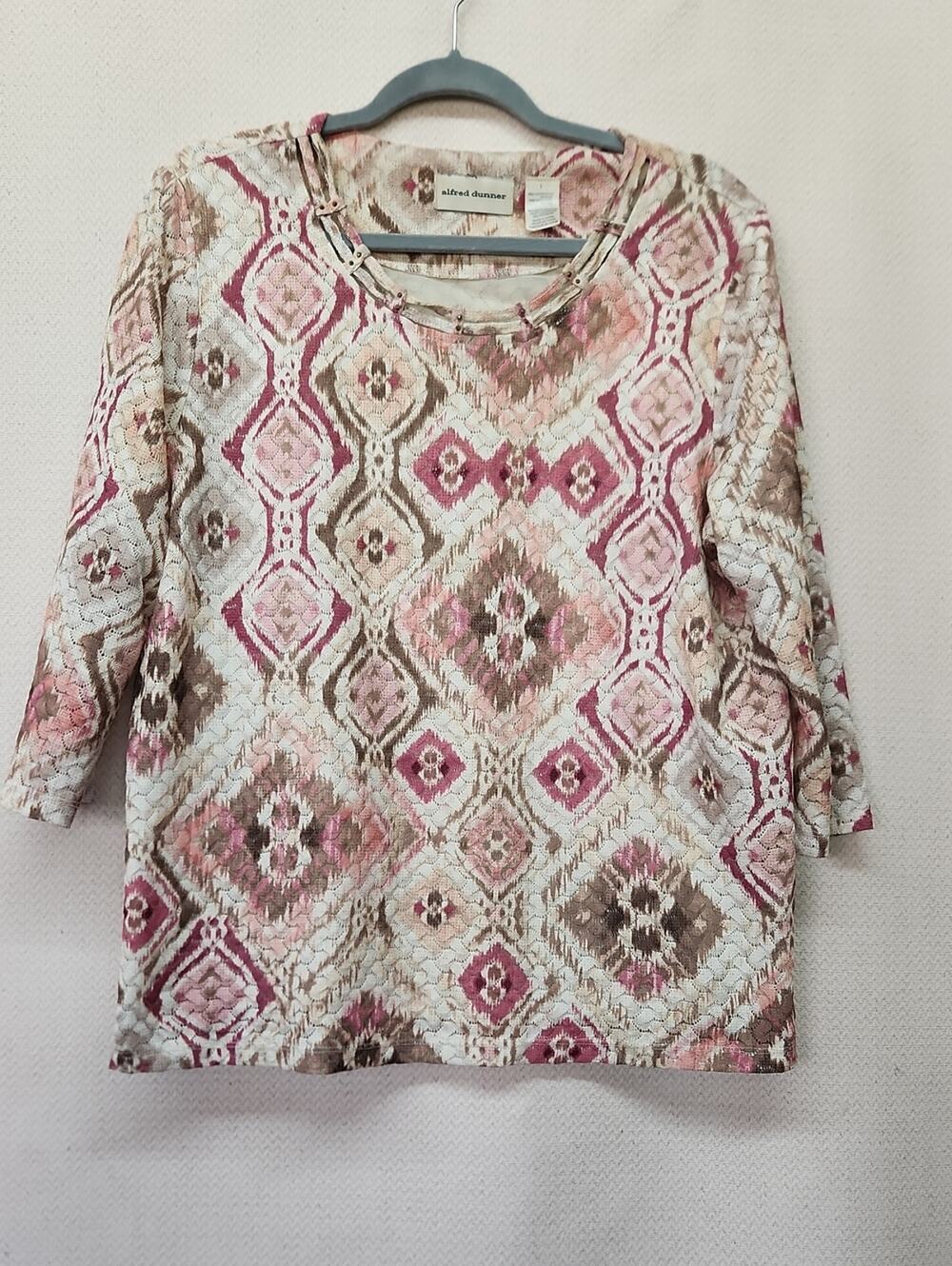 Alfred Dunner Pink and Beige Geometric Long Sleeve Top